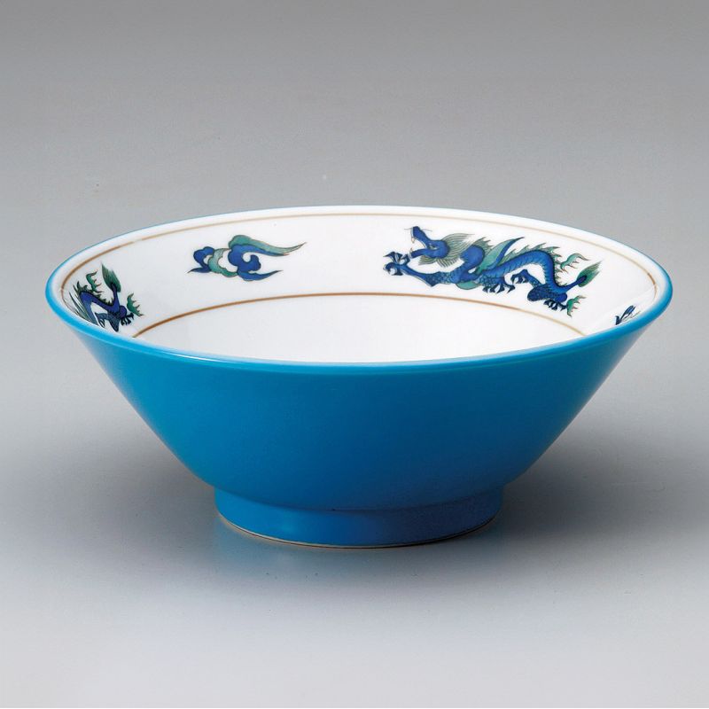 Japanese blue ceramic ramen bowl, RYU, blue dragon