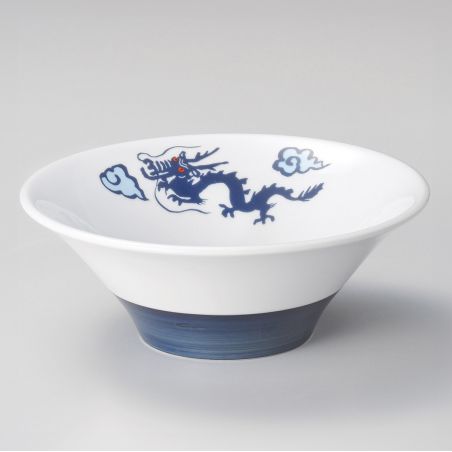 Japanese white ceramic ramen bowl, RYU, blue dragon and clouds