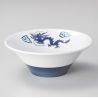 Japanese white ceramic ramen bowl, RYU, blue dragon and clouds