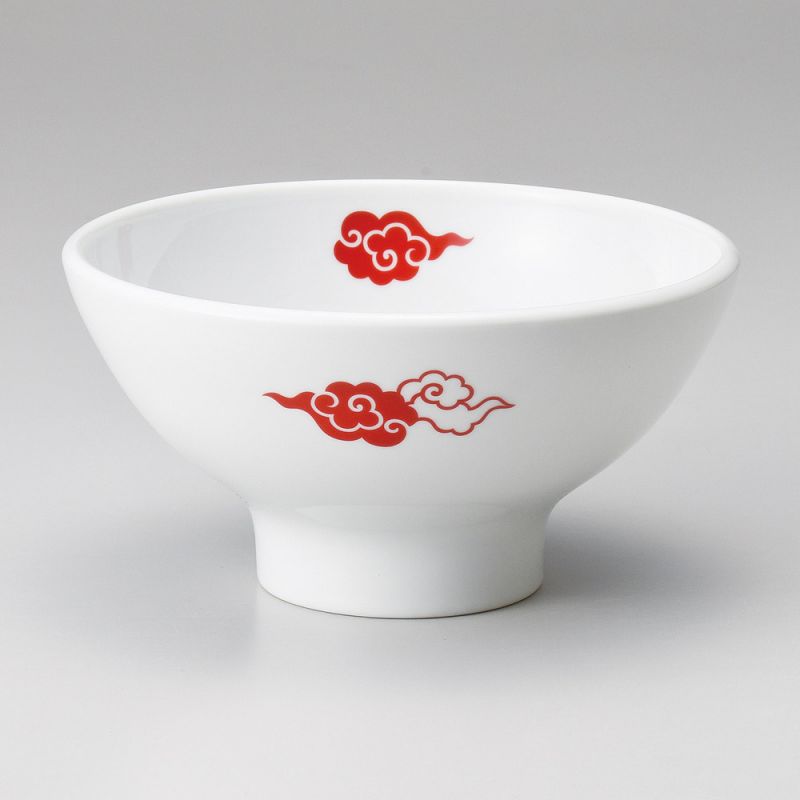 Bol à ramen japonais en céramique, blanc avec nuages rouges - AKAI KUMO