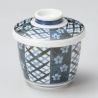 Bol à thé chawanmushi en céramique, blanc et bleu, motif croisillons et fleurs de prunier, UME