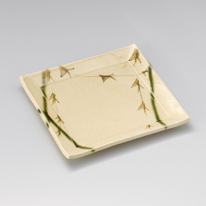 Plato japonés cuadrado de cerámica, beige y verde - ORIBE TAKE