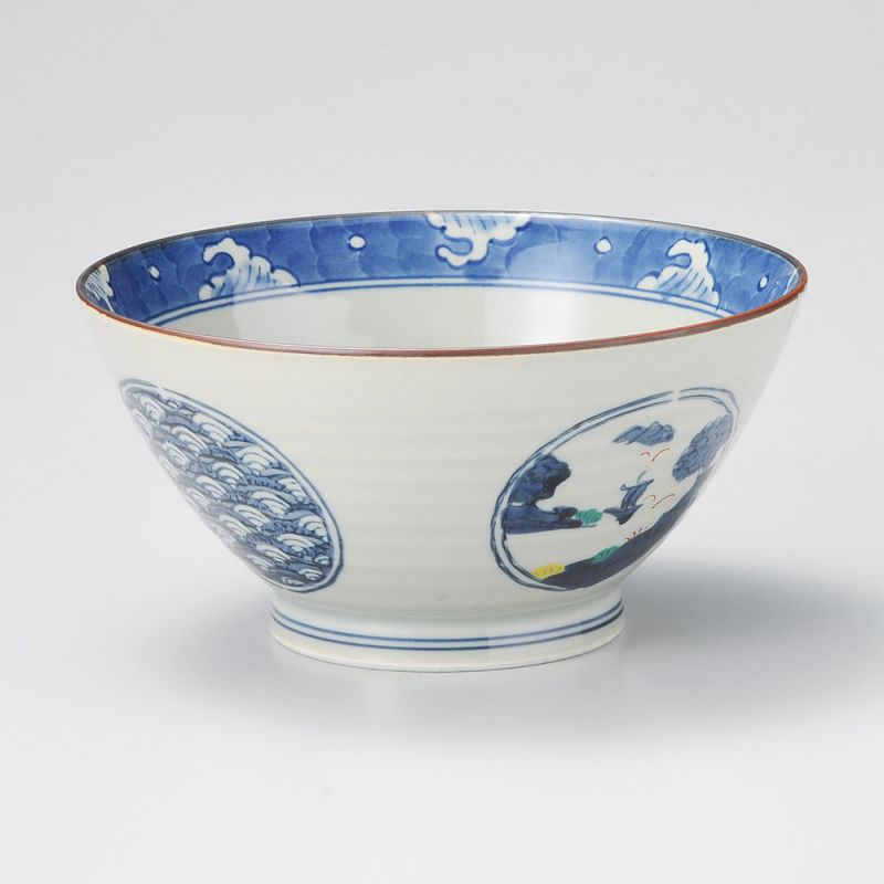 Japanese ceramic ramen bowl, blue, waves universe - NAMI