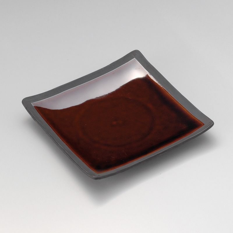 Japanische quadratische Keramikplatte, rohe Kante, braun emaillierte Mitte, KIGAMI