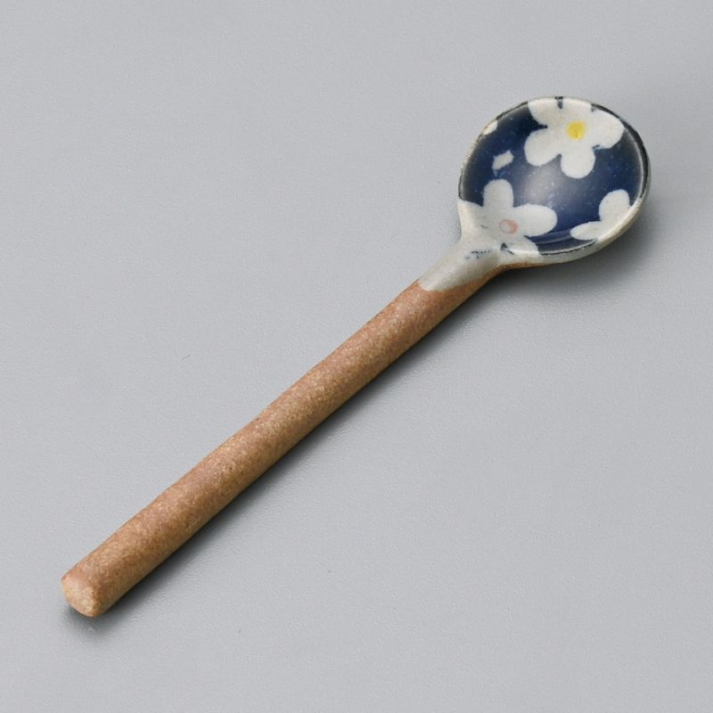 Cucchiaio in ceramica giapponese, motivi floreali blu, AOI HANA