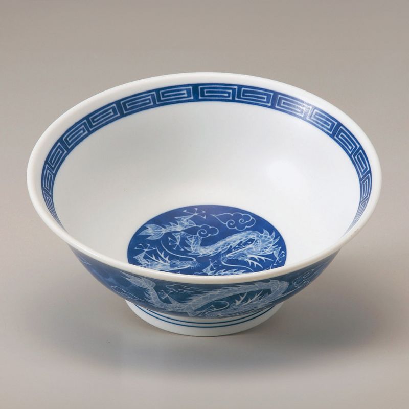 Japanese white ceramic ramen bowl, RYU, blue dragon and clouds 1