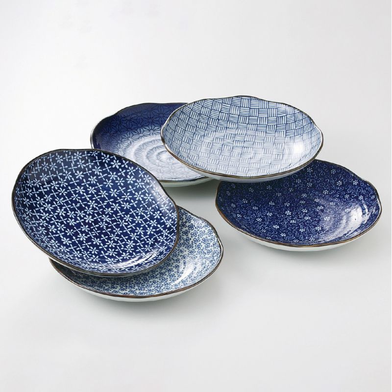 Set de 5 assiettes rondes Ø23cm motifs bleus japonais IMAYÔ KOZOME