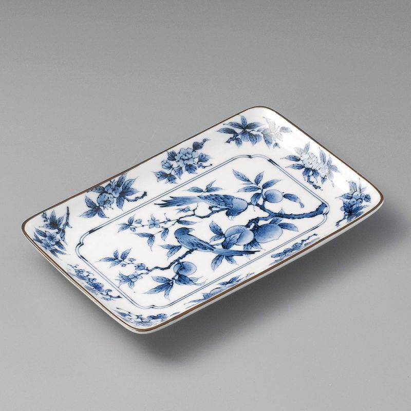 Piatto rettangolare giapponese, bianco con motivi di uccelli blu, TORI