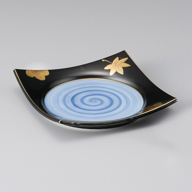 Piatto nero quadrato piccolo giapponese con doratura dipinta a mano - MOMIJI SAKURA