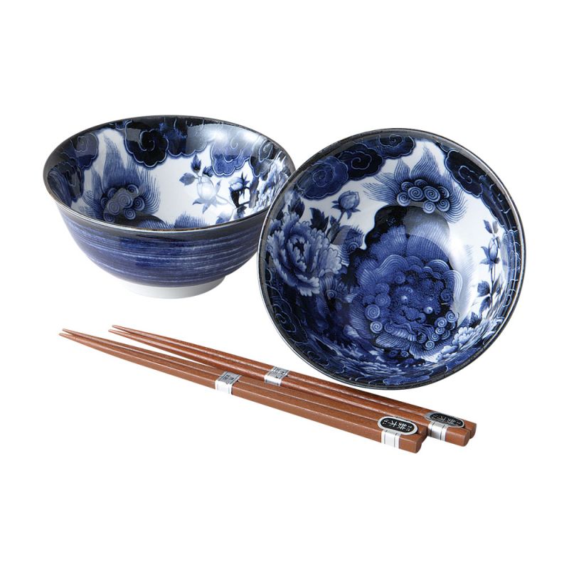 Set of 2 Japanese blue bowls in blue and white peony pattern ceramic - BOTAN