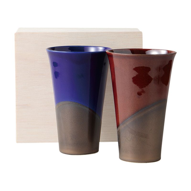 Duo de tasses à thé japonaise hautes violet et rouge en céramique - DO