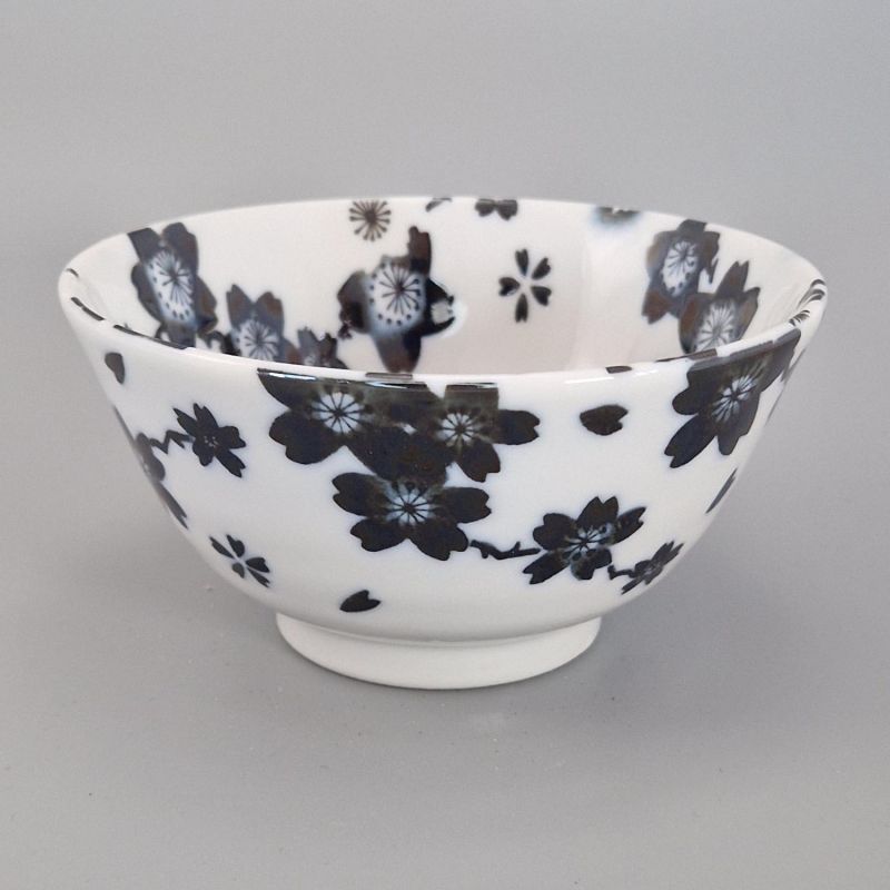 bol japonais à riz en céramique fleurs SAKURA , noir et blanc