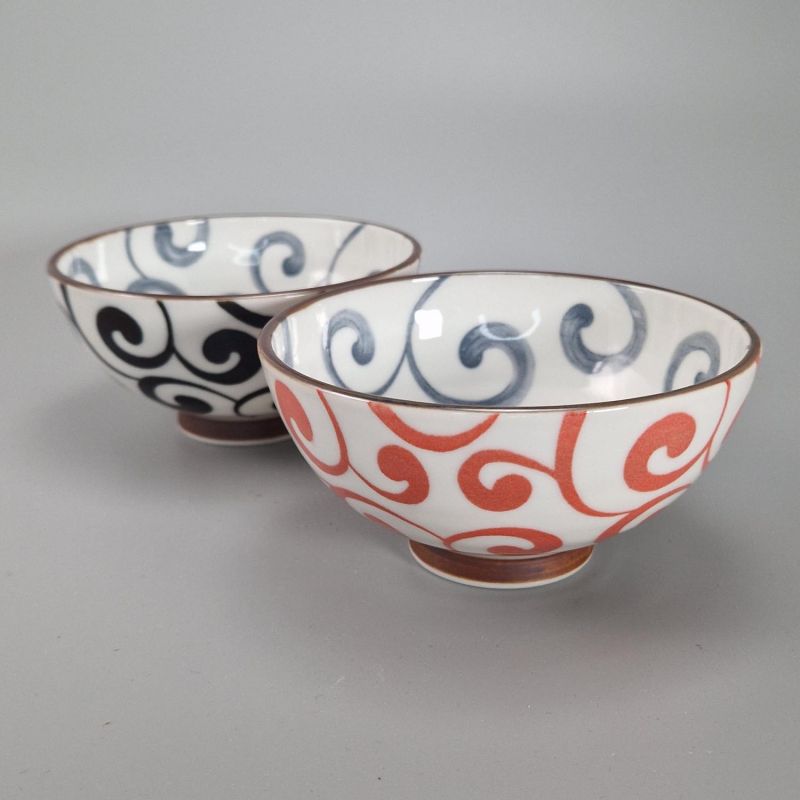 Duo de bols à riz japonais en céramique, rouge et noir - KARAKUSA