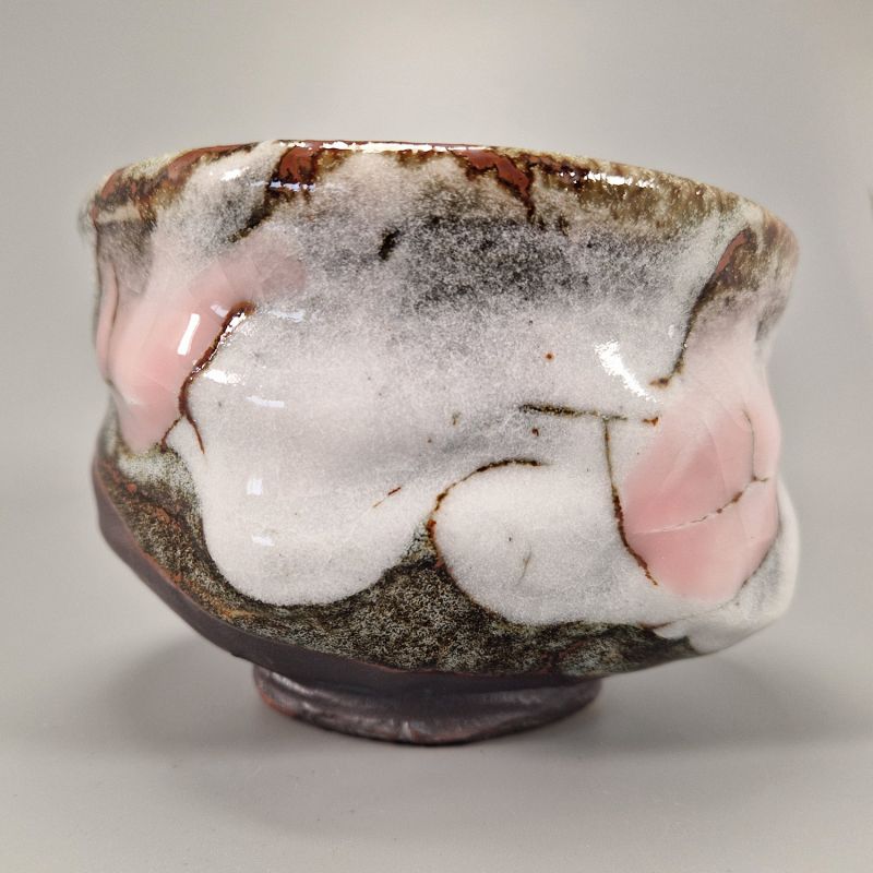 Ciotola da tè giapponese per cerimonia – chawan, SEIJI, grigio bianco e rosa