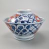 Japanese bowl with lid, red lines and white flowers - SHIWAKUCHA