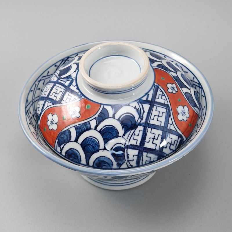 Japanese bowl with lid, red lines and white flowers - SHIWAKUCHA