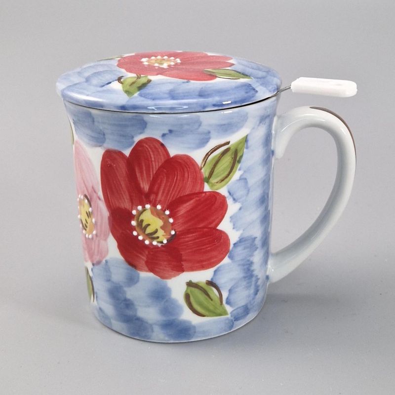 Taza de té japonesa de cerámica con tapa y filtro, motivos florales, FURAWAZU
