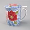 Japanese ceramic tea cup with lid and filter, flower patterns, FURAWAZU