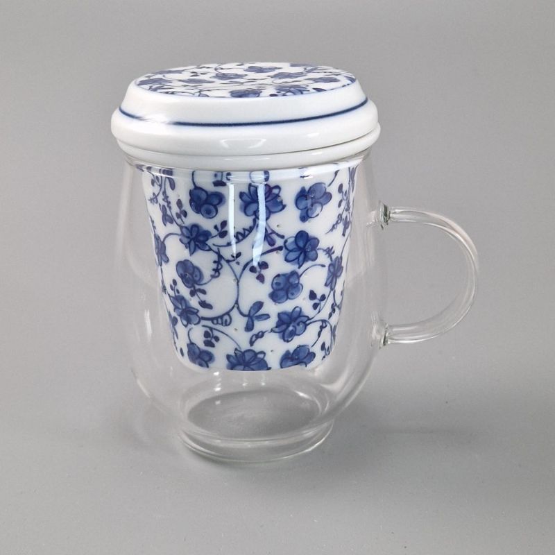 Tasse à thé en verre et céramique japonaise avec couvercle, motifs bleus et blancs, HANA