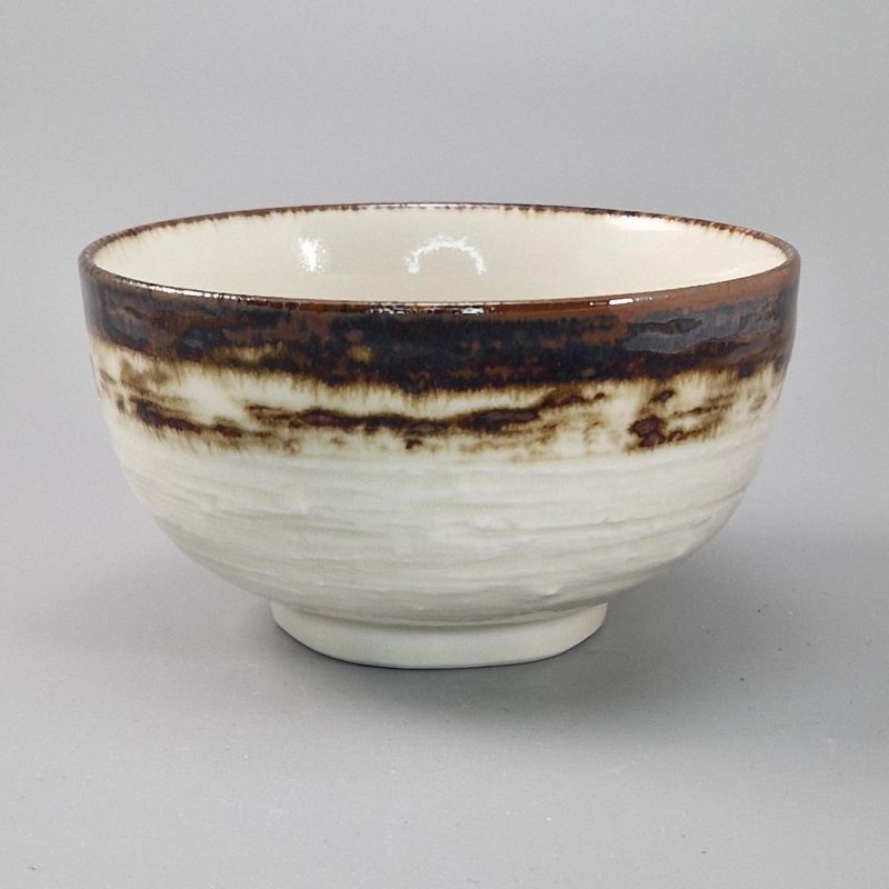 Cuenco donburi japonés de cerámica blanca con borde marrón - KYOKAI