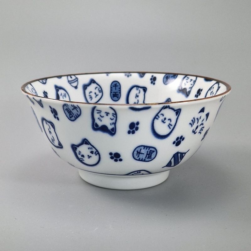 Bol japonais en céramique blanc et bleu motif chat porte bonheur manekineko - LUCKY CAT - 14.8cm