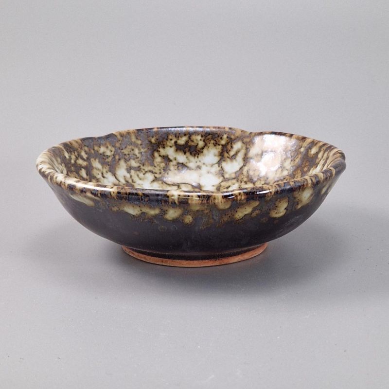 Piatto piccolo in ceramica giapponese, pigmentato marrone e kaki, GANRYO