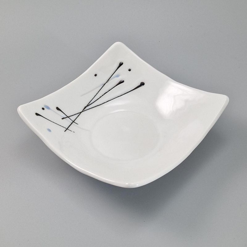 Plato de cerámica cuadrado japonés, marrón, bordeado, líneas blancas, negras y azules - GYO