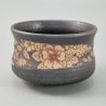 Cuenco de té japonés de cerámica, KURO FURURU, negro y flores