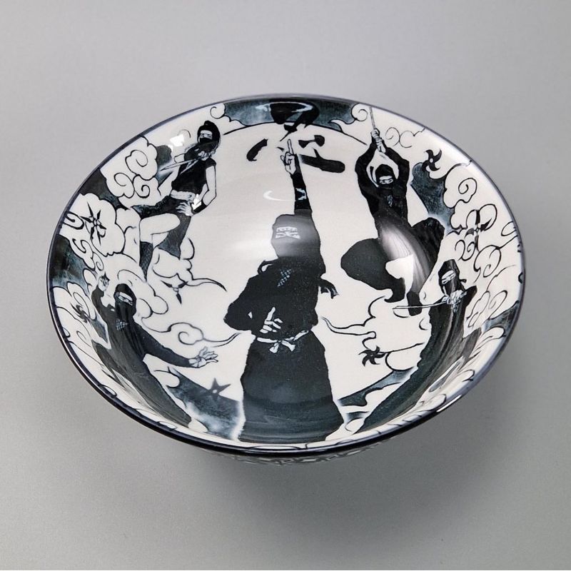 Ciotola ramen in ceramica giapponese, NINJA, bianco e nero