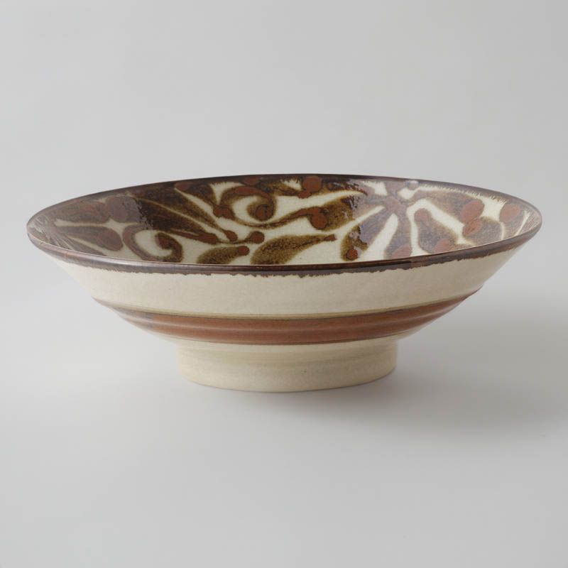 Bol à ramen japonais beige en céramique, SHITO, motif feuilles rouilles