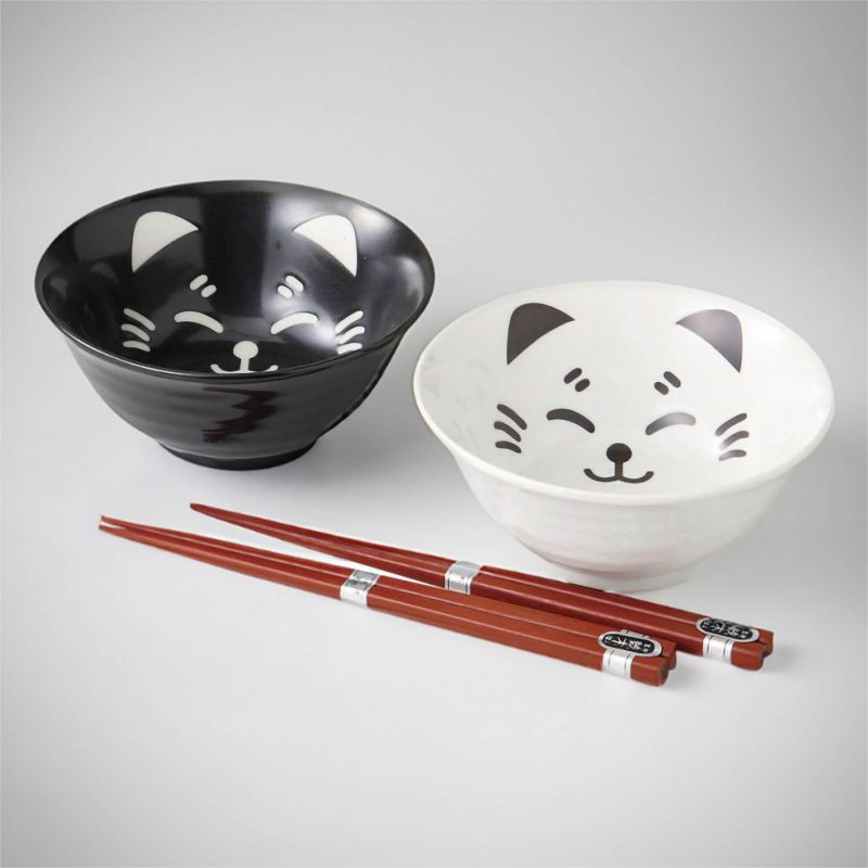 Set of 2 Japanese ceramic bowls - KURO TO SHIRO NO NEKO