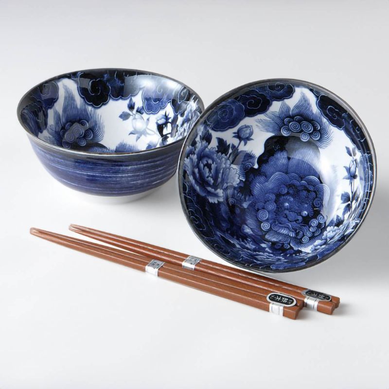Set of 2 Japanese blue bowls in blue and white peony pattern ceramic - BOTAN