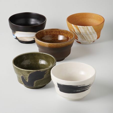 set de 5 cuencos japoneses, RAKU KAMA AN IPPUKU, 5 colores