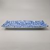 Assiette rectangulaire japonaise en céramique, bleu et fleurs blanches - HANA