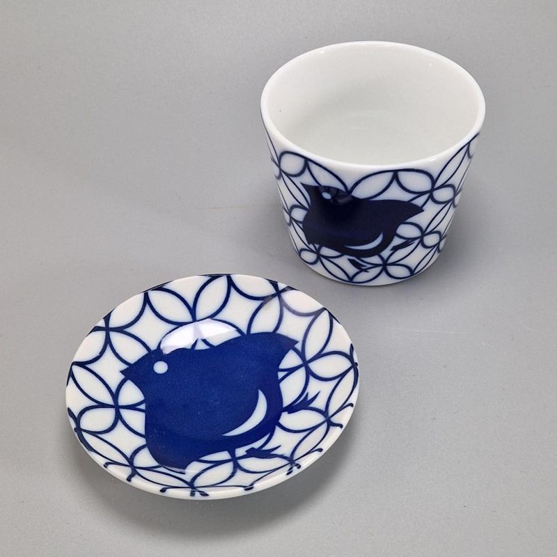 Tasse à thé en céramique avec soucoupe, blanc et oiseau bleu - AOI CHIDORI