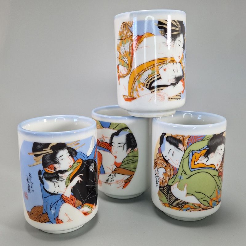 Set de 4 tasses japonaises en céramique, Estampes érotiques, EROCHIKKU