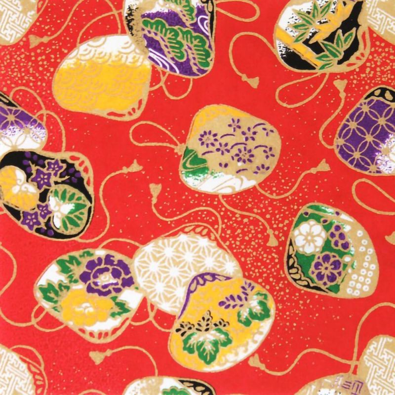 large sheet of Japanese paper, red, YUZEN WASHI, matching shells.