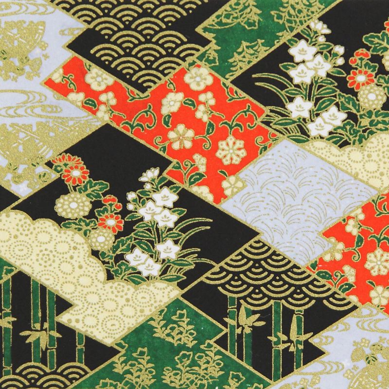 großes Blatt japanisches Papier, YUZEN WASHI, schwarz, Namono-Saki mit zerknitterter Kiefernrinde und Wasserkastanien