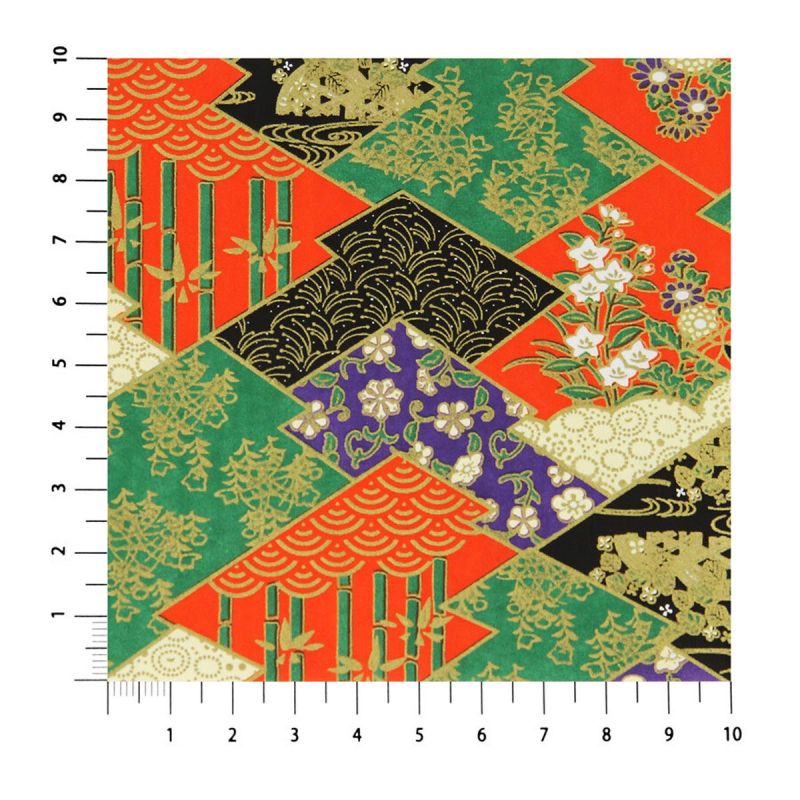 großes Blatt japanisches Papier, YUZEN WASHI, rot, Namono-Saki mit zerknitterter Kiefernrinde und Wasserkastanien