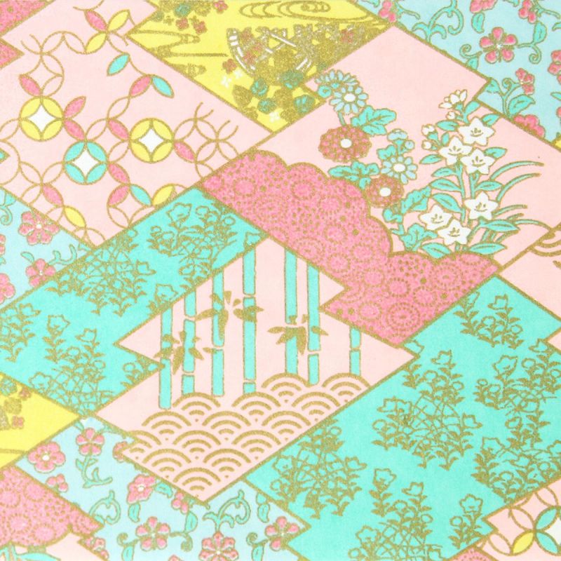 Großes Blatt japanisches Papier, YUZEN WASHI, rosa, Namono-Saki mit zerknitterter Kiefernrinde und Wasserkastanien