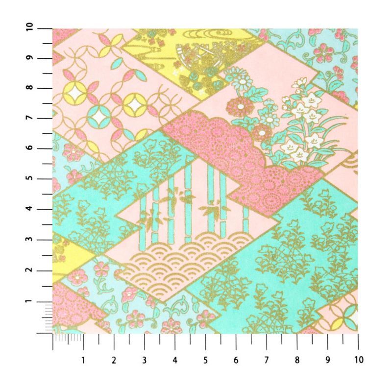 Großes Blatt japanisches Papier, YUZEN WASHI, rosa, Namono-Saki mit zerknitterter Kiefernrinde und Wasserkastanien
