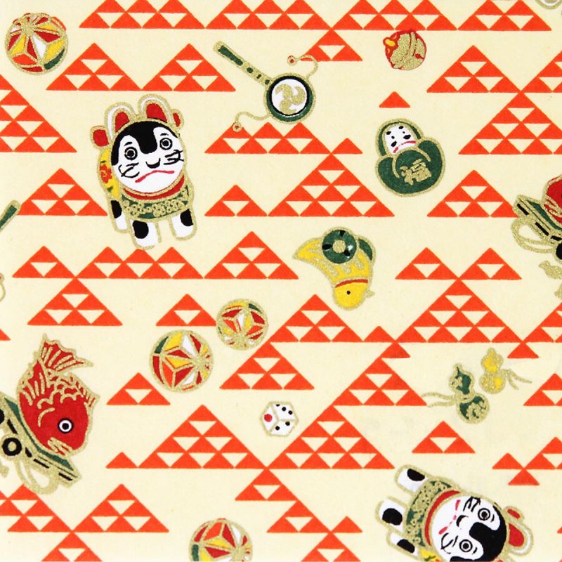 feuille papier japonais, YUZEN WASHI, Patron écailles avec jouets, rouge