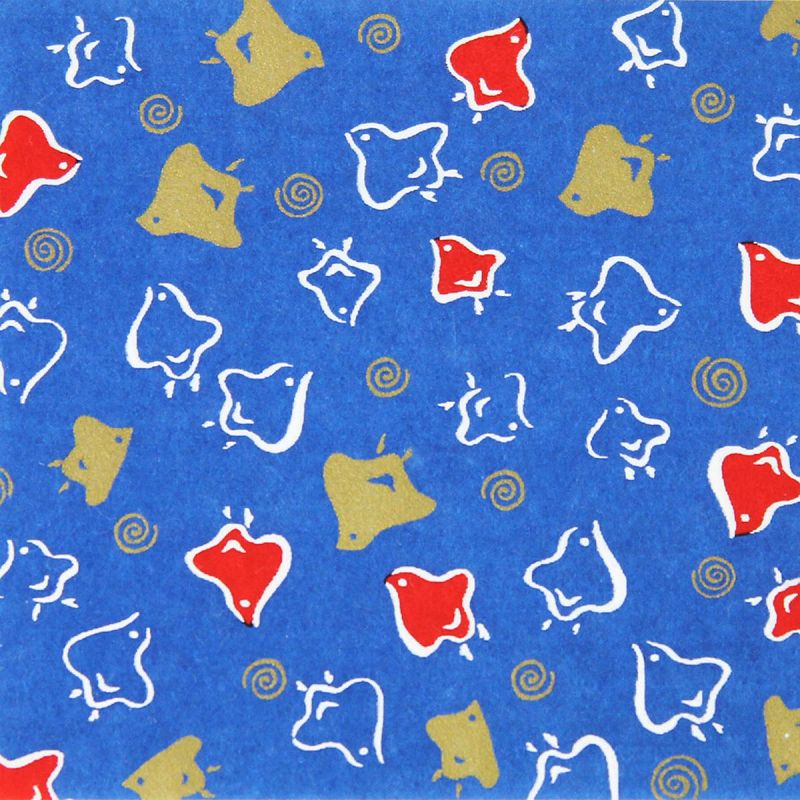feuille papier japonais, YUZEN WASHI, bleu, tourbillons et oiseaux, Uzumaki Chidori