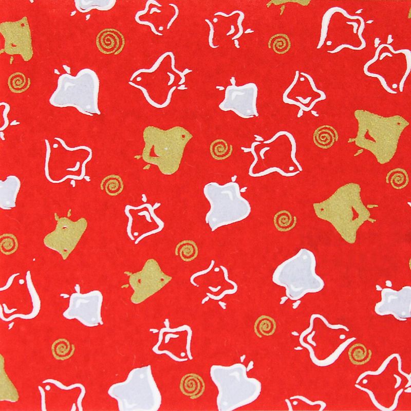 Hoja de papel japonés, YUZEN WASHI, rojo, remolinos y pájaros, Uzumaki Chidori
