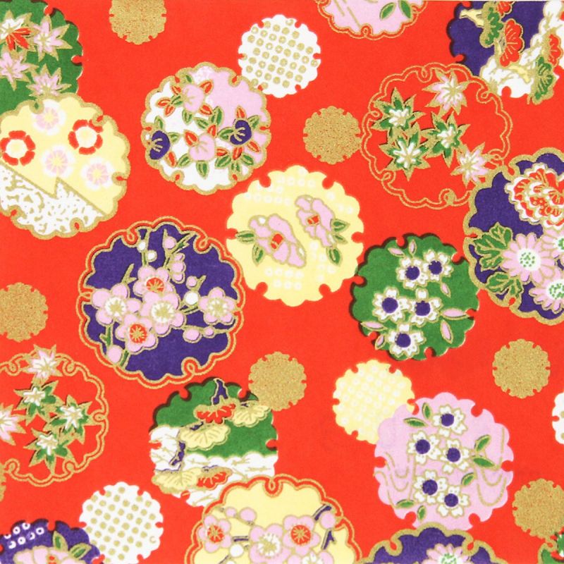 feuille papier japonais, YUZEN WASHI, rouge, Quatre saisons de fleurs avec des motifs de flocons de neige