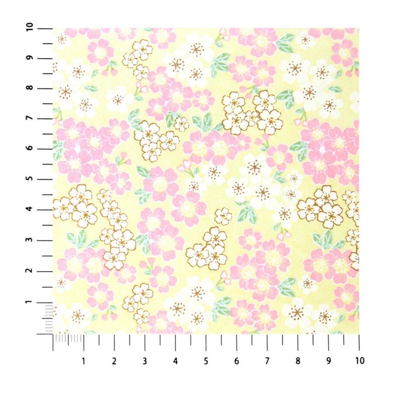 hoja grande de papel japonés, YUZEN WASHI, amarillo, cerezos en flor, pequeño