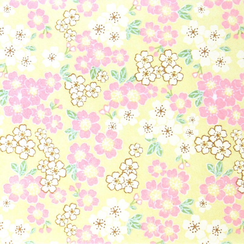 hoja grande de papel japonés, YUZEN WASHI, amarillo, cerezos en flor, pequeño