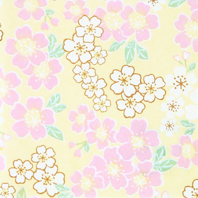 großes Blatt japanisches Papier, YUZEN WASHI, gelb, Kirschblüten in voller Blüte