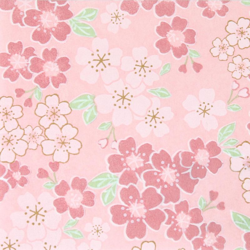 hoja grande de papel japonés, YUZEN WASHI, rosa y verde, flores de cerezo en plena floración
