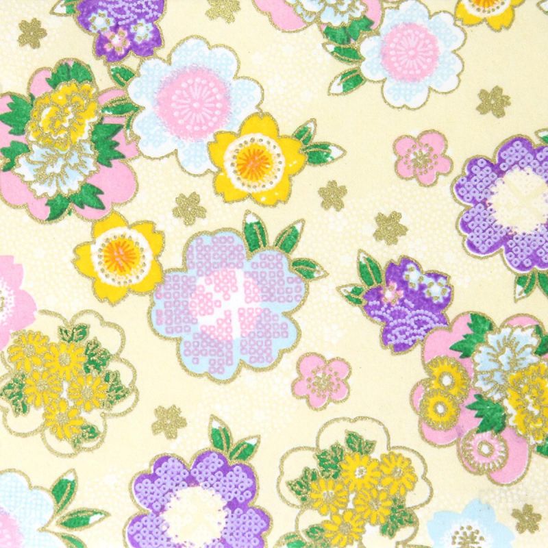 hoja grande de papel japonés, YUZEN WASHI, beige, estampado floral clásico